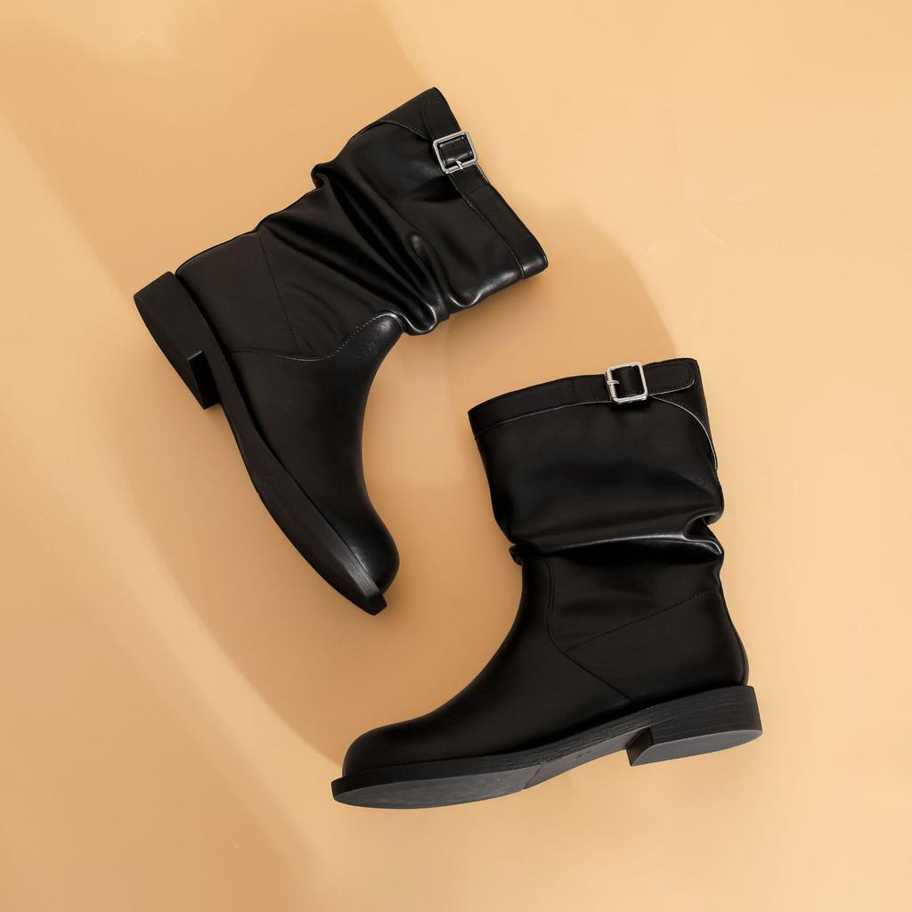 Grape Mom 2025 Winter New Short Martin Boots Korean Edition Fashion Pleated Pile Boots Korean Edition Boots for School Season