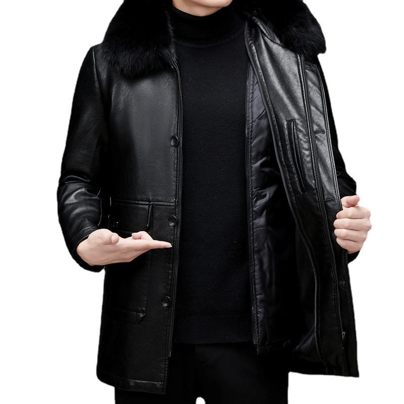 Genuine Leather Jacket Men's Casual Thickened Short Lapel Down Jacket Jacket Plus Cashmere Sheepskin Jacket Winter