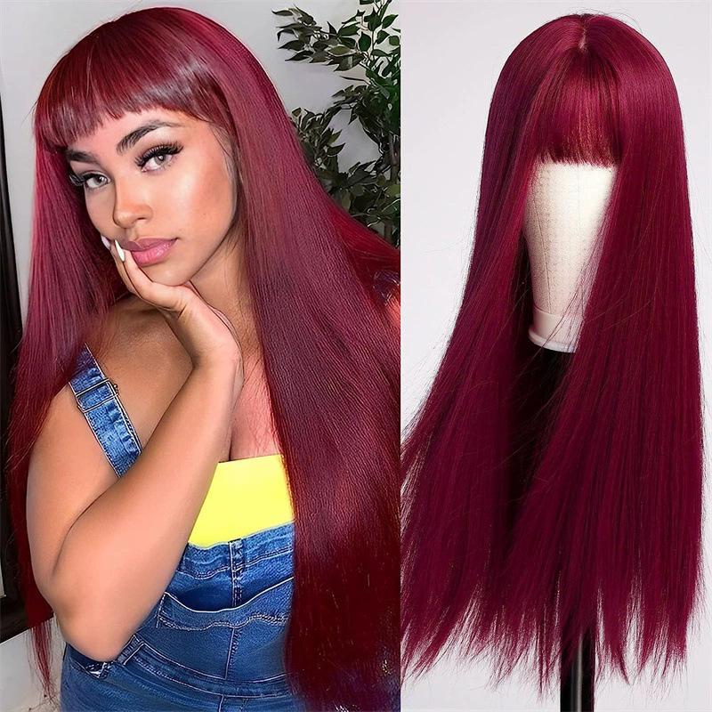 Burgundy Long Straight Fashion Wig with Simulated Scalp for Women