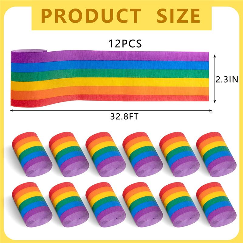 HHO-Crepe Paper Streamers 12 Rolls Colorful Crepe Rolls Each Measuring 32.8 Feet Long Rainbow Streamer Paper Decoration