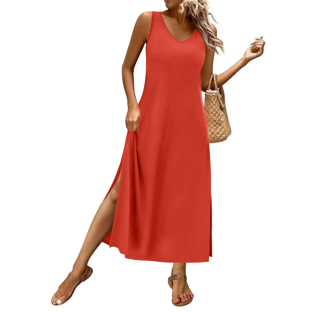 Vestidos de Verano Para Mujer Vestidos Largos Fluidos Línea A Sin Mangas Vestidos de Sol Con Bolsillos