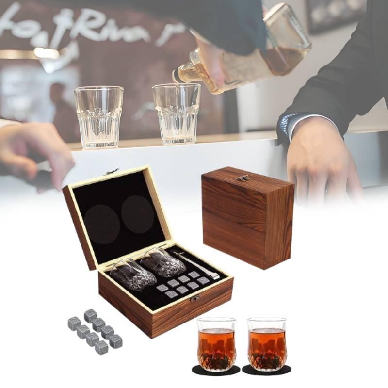 Luxurious Brown Granite Whisky Glasses Set With Whiskey Stones And Wooden Box