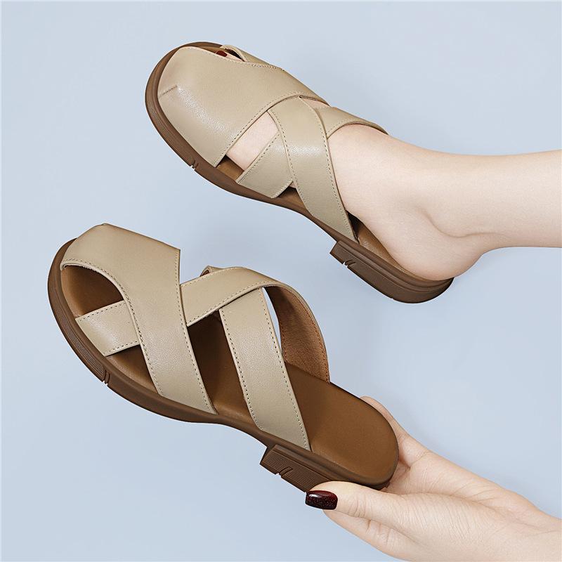 

The top layer of cowhide toe wrapped half slippers women s outerwear is a new platform slipper fashionable and versatile sandals in spring of the year 34