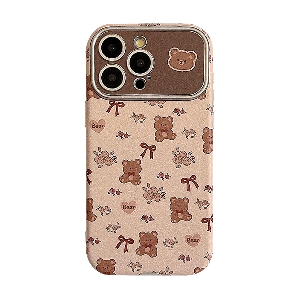 Cute Bear Flowers Suitable for Iphone16 Apple 15 Mobile Phone Case 13promax Leather 11 Literary and Fresh 12