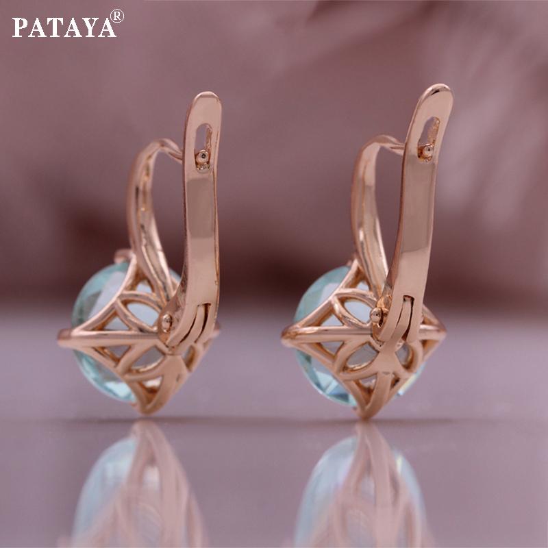 PATAYA Rose Gold Color Inlaid Blue Color Round Artificial Zircon Earring Ring Combination Sets