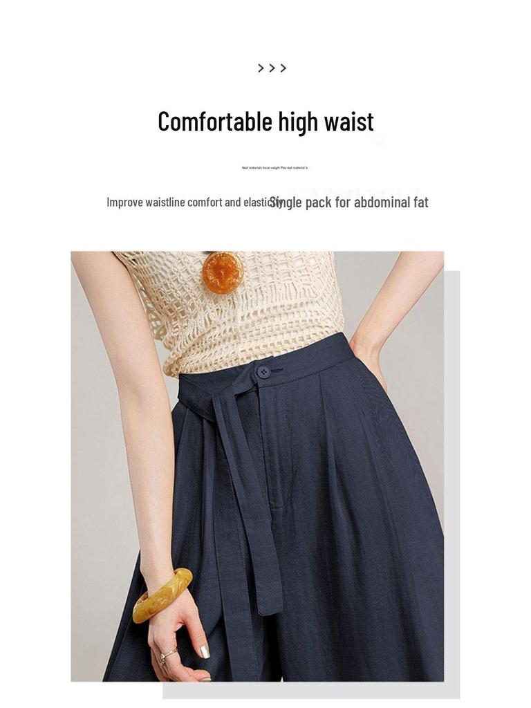 Lace-Up High Waist Cotton Linen Wide-Leg Cropped Pants