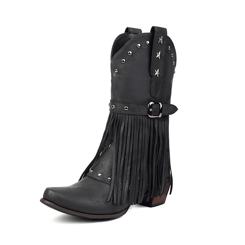 

Five Star Metal Decals Rivets Tassels Western Cowboy Boots Thick Heels Belt Buckles Ethnic Style Breathable Autumn Mid-Calf Boot 39 чорний