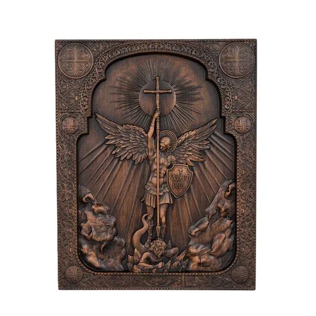 Vintage Square Wooden Archangel Michael Icon Guardian Angel Statue Home Church Wall Decor 25cm
