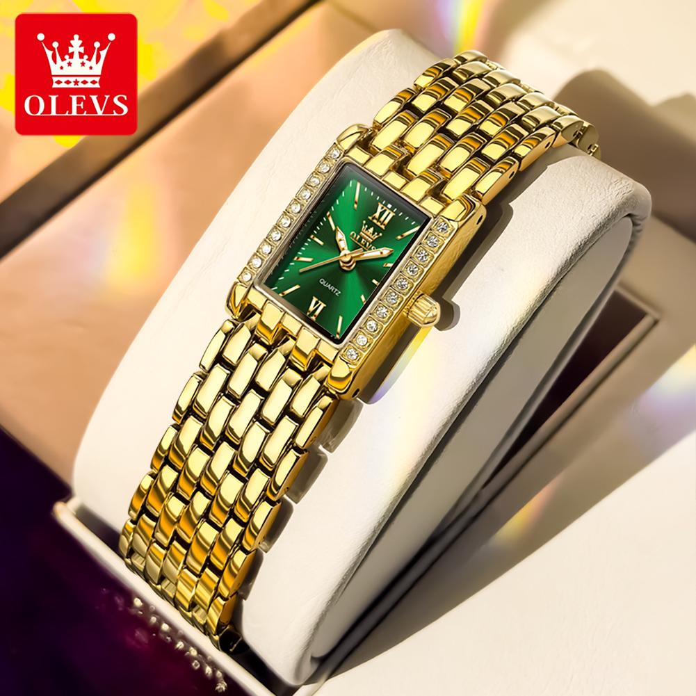 OLEVS Fashion Women's Watches Rectangular Dial Gold Stainless Steel Strap Quartz Watch Luxury Diamond Watch
