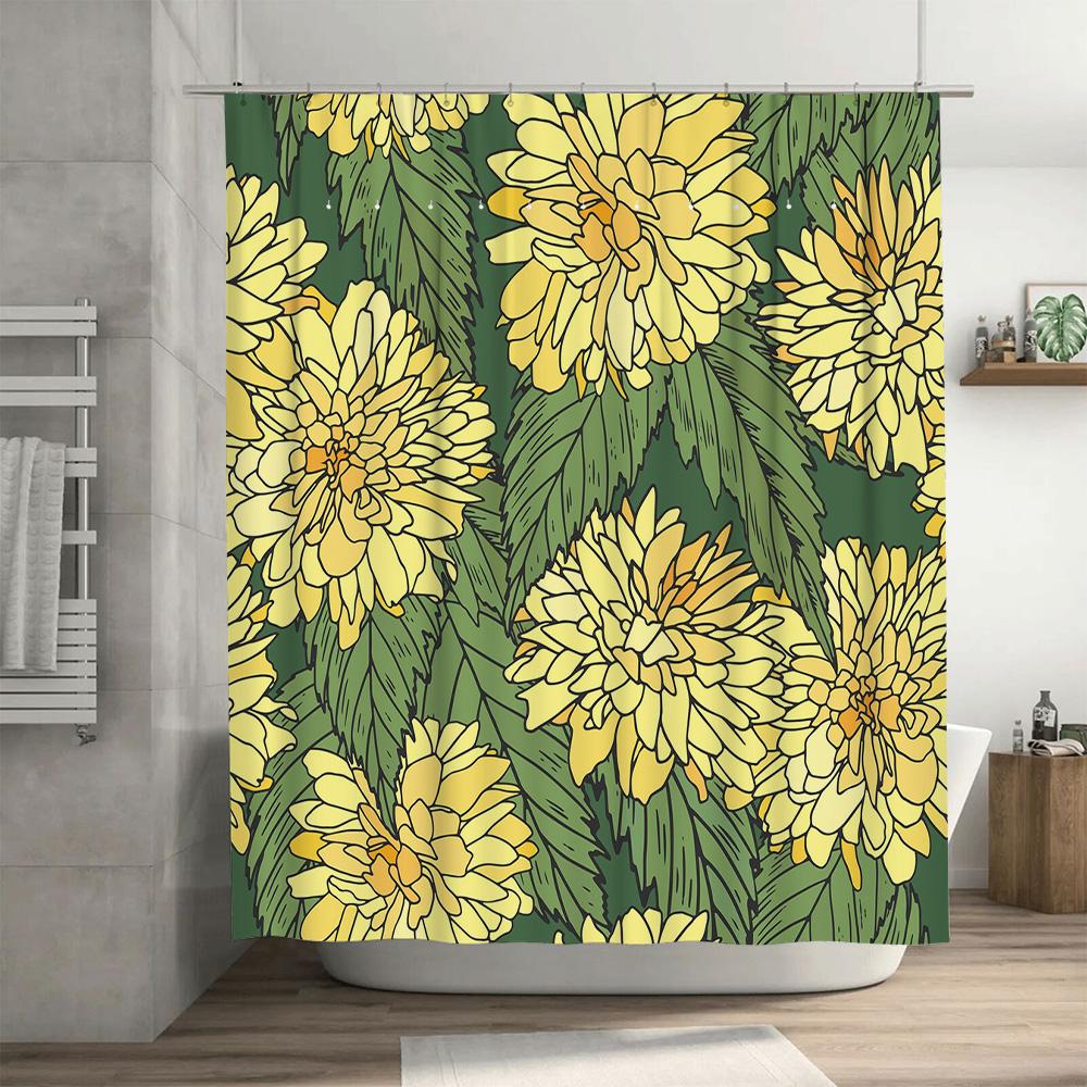 Yellow Flower Shower Curtain, Green Leaves Bath Decoration Fabric Rug Door Panel Home Decor Waterproof Printing Bathroom Shutter