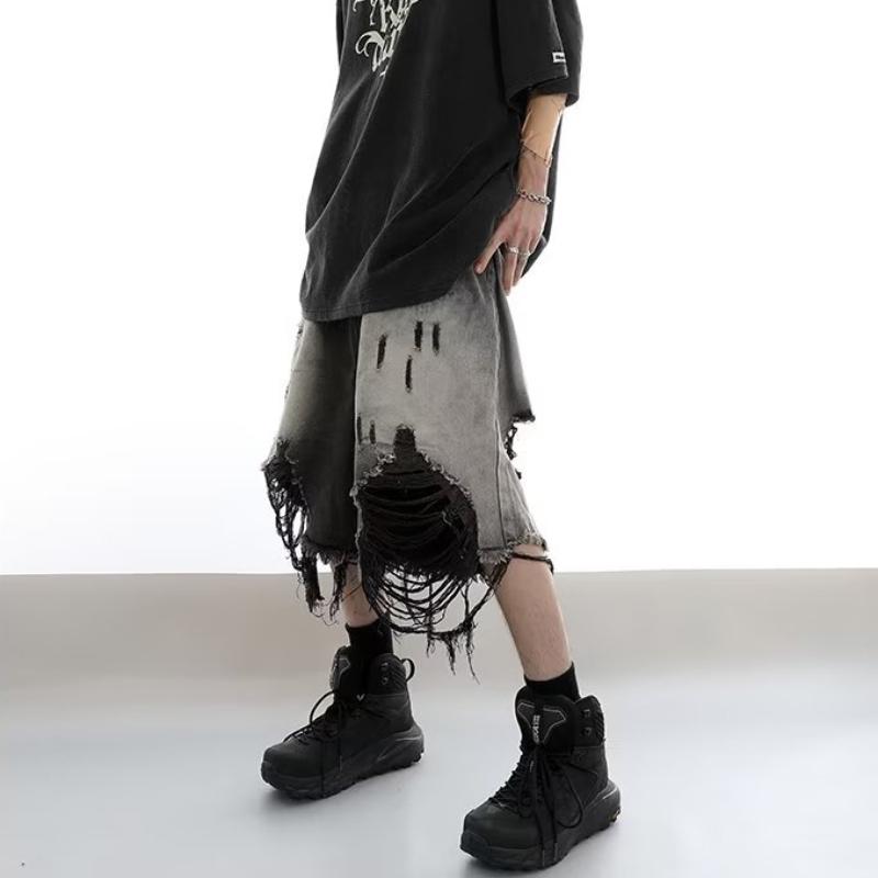 Erkek High Street Loose Yıkanmış Eski Yırtık Şortlar Amerikan Retro Şortlar Yaz Sokak Y2K Hip Hop Püsküllü Geniş Paça Günlük Kot Şortlar