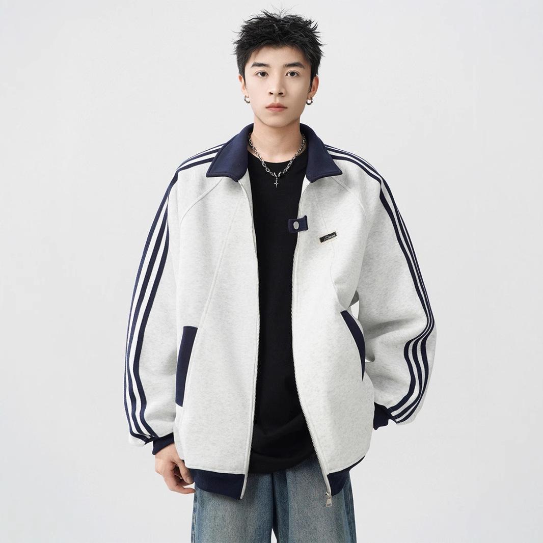 Striped Leisure Cardigan Sweatshirt Mens Autumn and Winter Updated College Style Couple Versatile Athletic Jacket Coat M