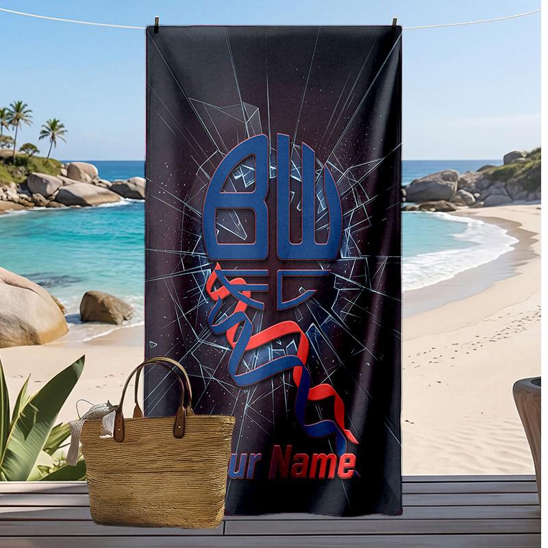 Bolton Wanderers FC Personalized Printed Beach Towel Soccer Logo Support Custom Name Text Absorbent Towel For Sport Travel Special Gift
