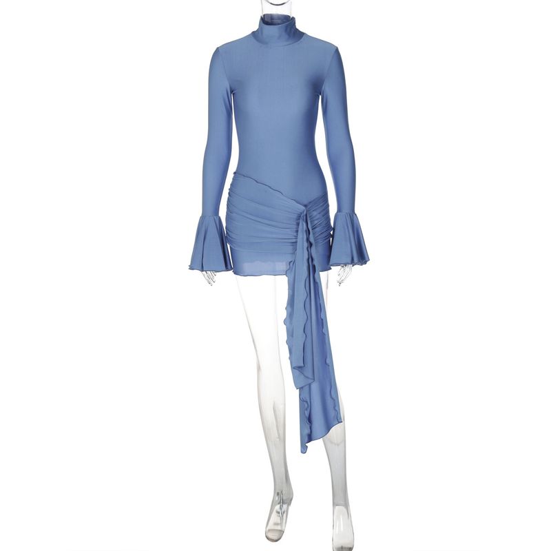 

European and American Ins Style Women clothes 2024 Autumn New Solid Half-high Collar Bell Sleeve Sexy Tight Hip Skirt Blue L