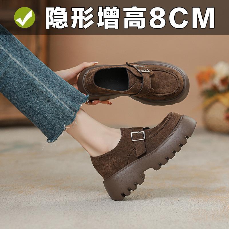 

Металлическая пряжка с круглым носком, лоферы на толстом каблуке и толстой подошве с внутренней высотой 8 см, маленькие кожаные туфли женские маленького размера 3233 39