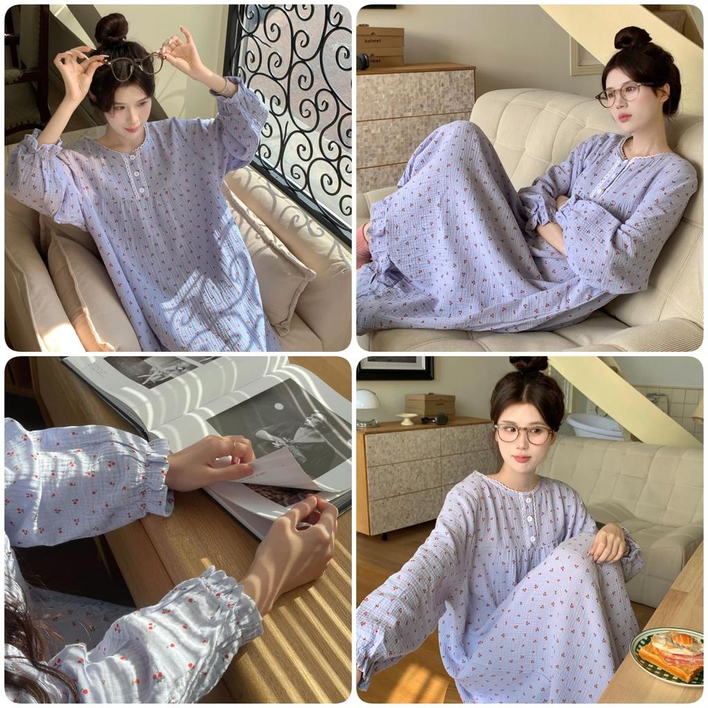 Gentle on the Room Long Winter [GDenFrog] Women's Pajamas, Nightgown, One-piece, Double-layered Gauze, Skin, Body-Shaping, Wear, Loungewear, Sleeves,