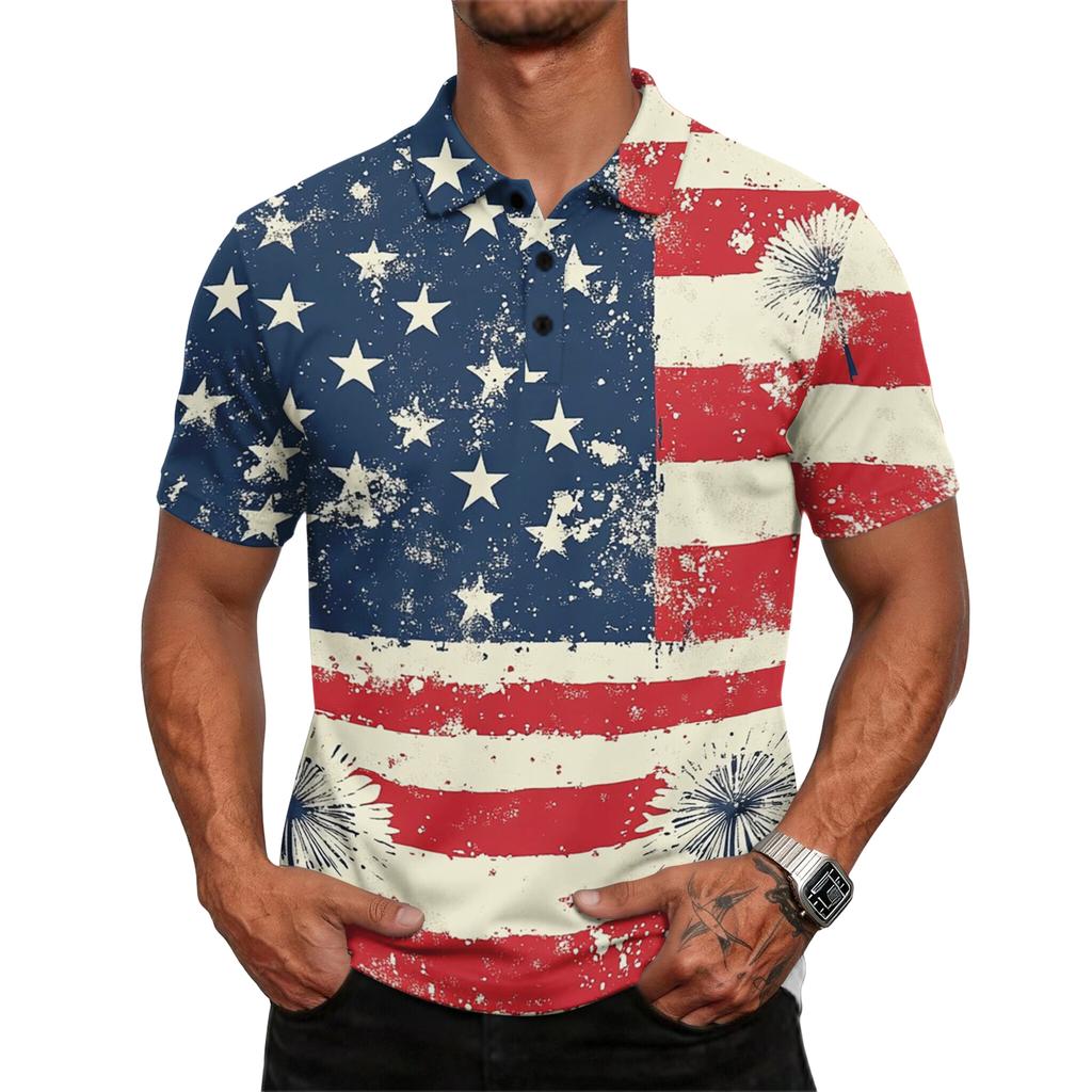 Men's Casual Loose Fit Short Sleeve Polo Shirt with Mixed Pattern Design Flag Stripes and Dots Print Lightweight Comfortable Top