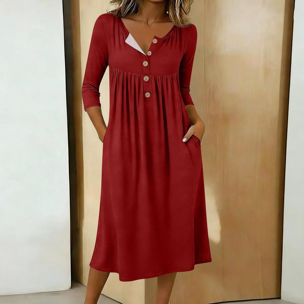 Damen Lässiges Midikleid mit 3/4 Ärmeln und Knöpfen
