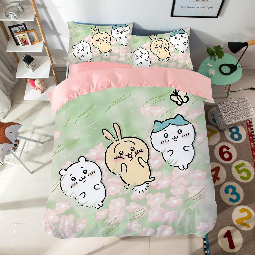 Cartoon Chiikawas Cute Themed Bedding Set Colorful Print Polyester Student Dormitory Bed Sheet Quilt Cover Kid Gift Home Textile
