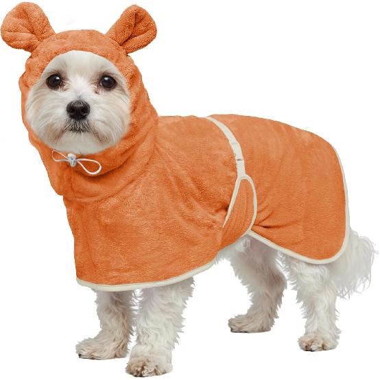 Dog Bathrobe Super Absorbent Towel Robe - Microfiber Bath Towels Fast Drying Coat for Dogs, Cute Dogs Clothes Adjustable Collar & Belly Strap Warm