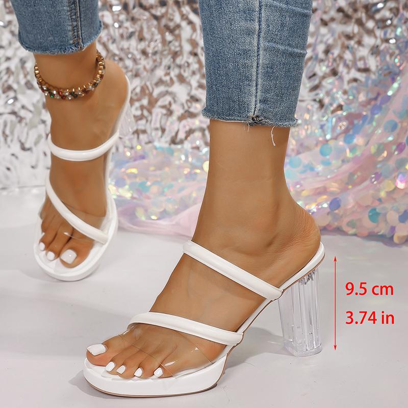 Fashion Women's Concise Super High Heel Sandals Women Transparent Square Heel Round Toe PVC Slippers Summer Plus Size Platform Slides