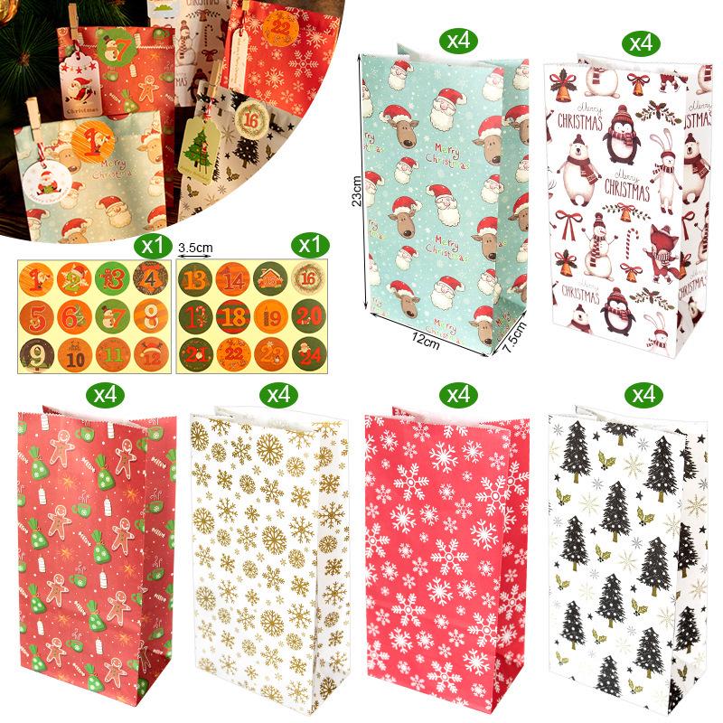 Christmas Gift Bags with Stickers - 24 Sets Advent Calendar Candy Paper Bags