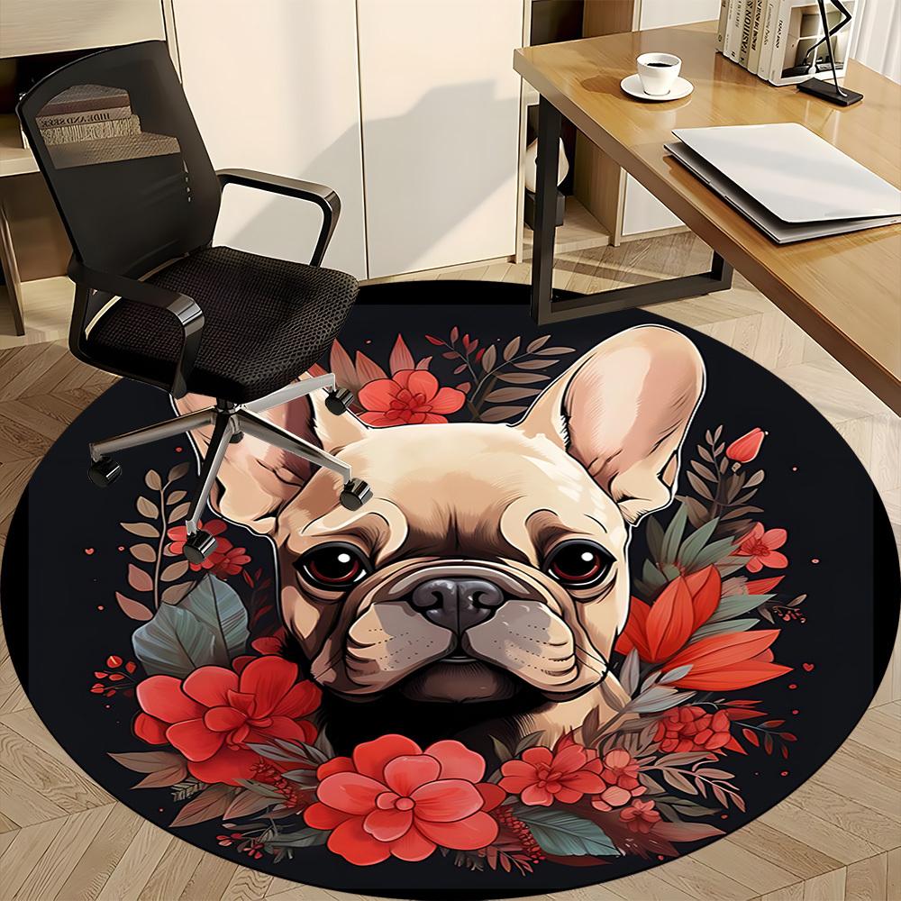 1pc French Bulldog Chair Carpet for Office, Round Non Slip Durable Large Size Office Carpet, Suitable for Office