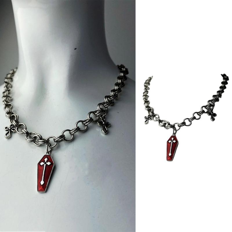 Vintage Coffin Cross Pendant Necklace Gothic Metal Chain Choker Punk Clavicle Chain Necklace Fashion Collar Necklace