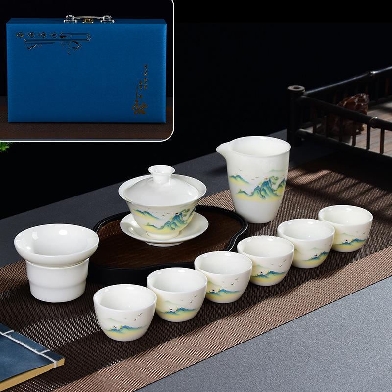 White porcelain tea set business gift cover bowl tea set gift box set suet jade porcelain high-end kung fu tea set