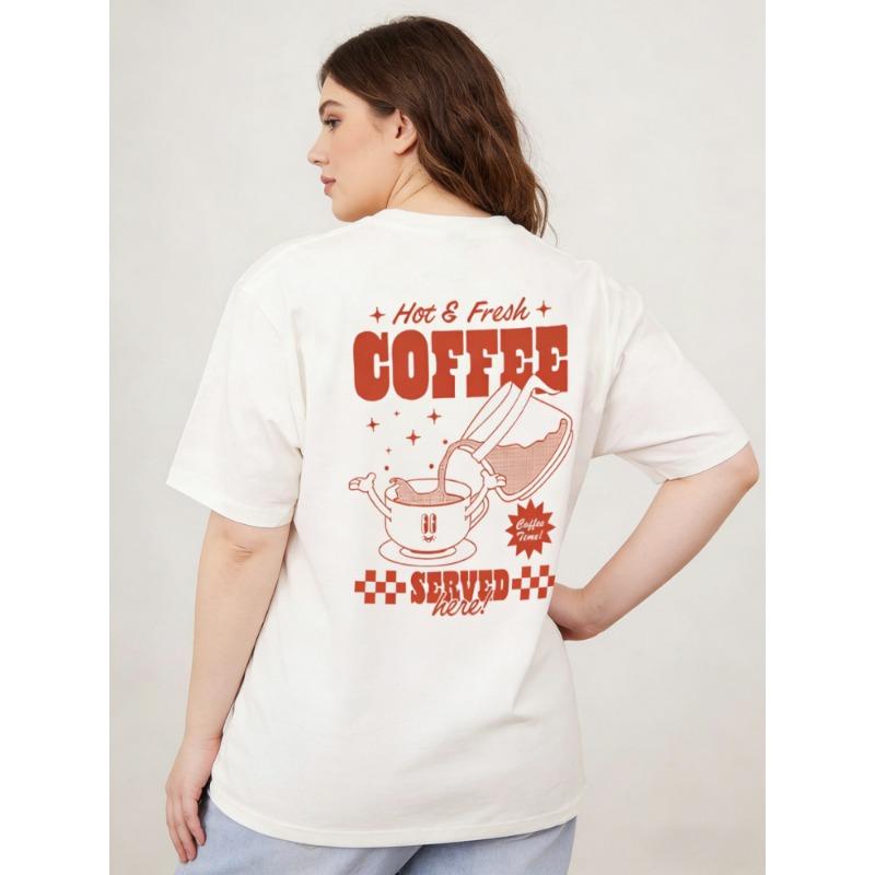 Plus Size Women Tshirt Cute Funny Caffeine T-Shirts Retro Cartoon Coffee Back Print Shirt Short Sleeve Graphic Tees Unisex Tops XL