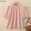 ZANZEA Women Stand Collar Solid Color Loose Casual Half Sleeve Blouse
