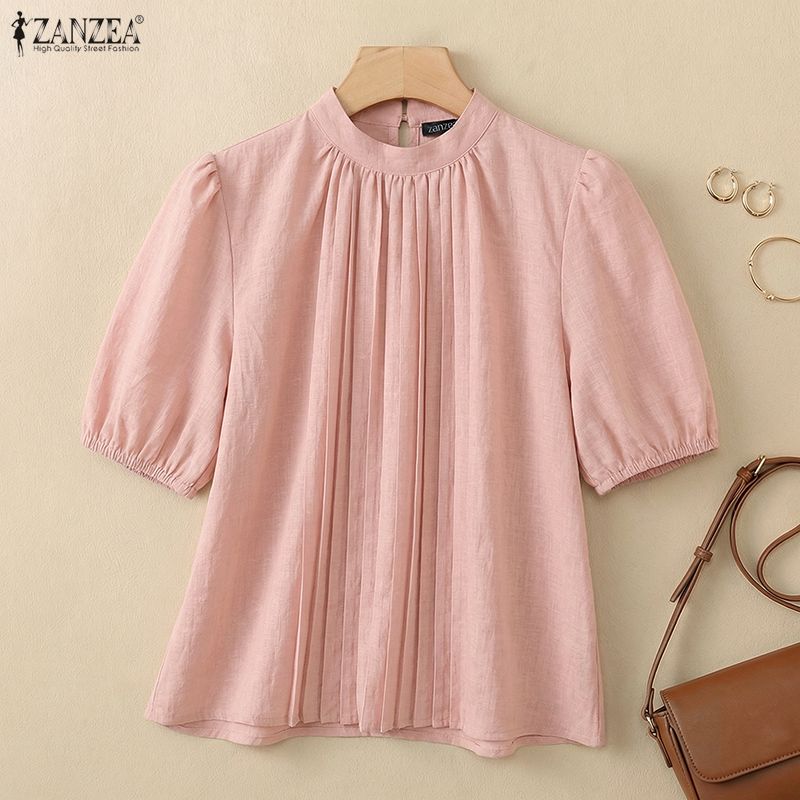 ZANZEA Women Stand Collar Solid Color Loose Casual Half Sleeve Blouse