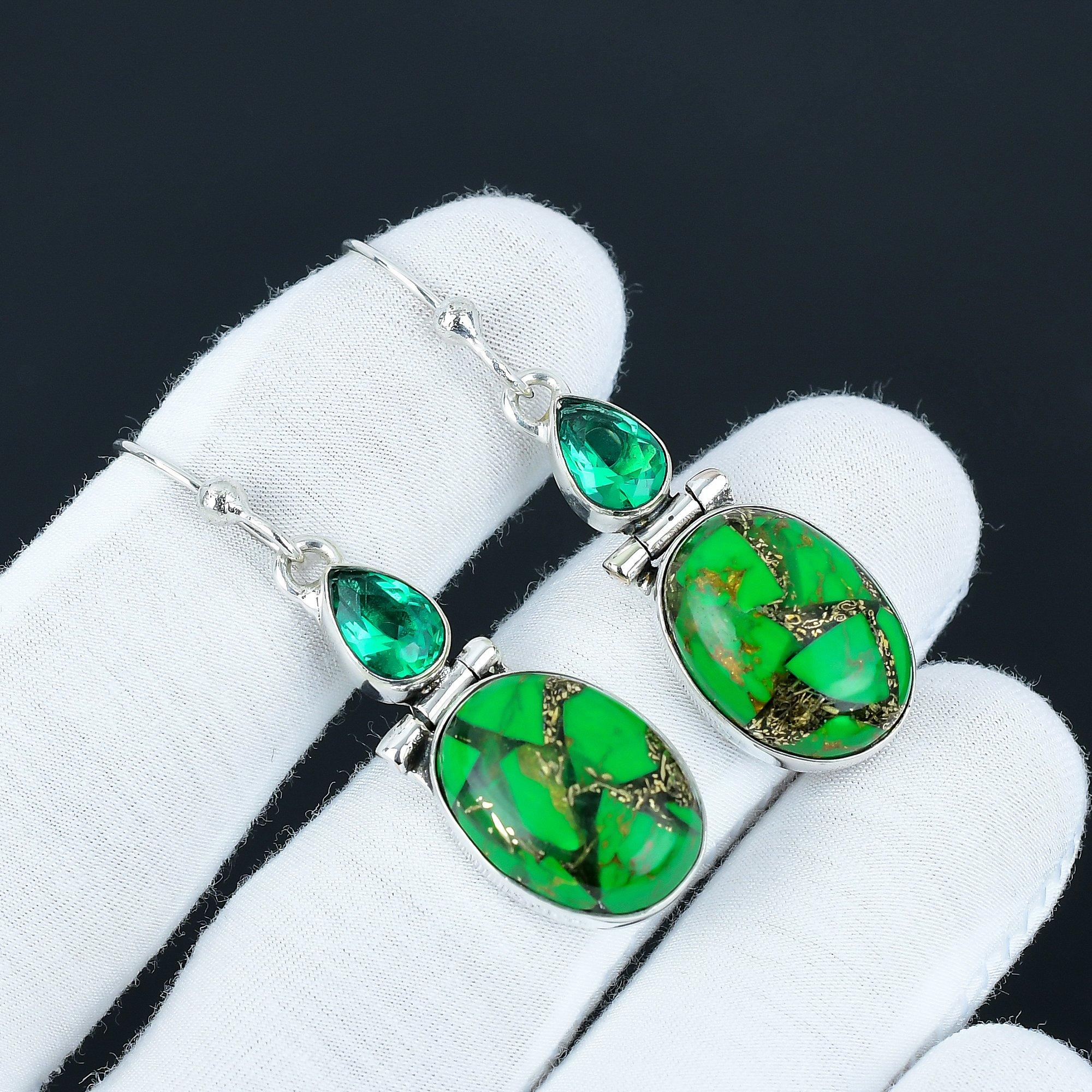 

Серьги из зеленой медной бирюзы и зеленого апатита, Серьги из стерлингового серебра 925 пробы, Антикварные украшения, Висячие серьги-капли для подарков любви 5.5 Cm зелёный