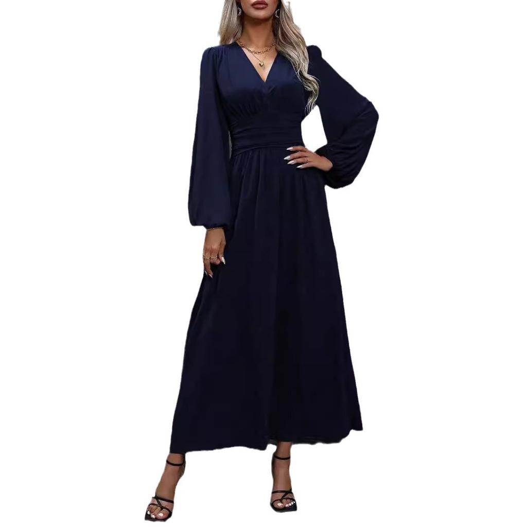 Women Dress Autumn Winter Women's Lantern Sleeve Dress Smocked Design High Slit Elegant Long Sleeve Midi Dress