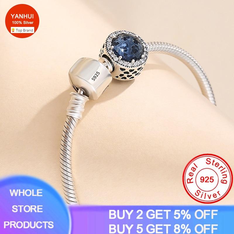 

Серебряный браслет 925 пробы с синей бусиной для женщин, браслет с подвесками, подарок на День святого Валентина 19cm