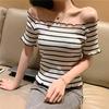 Women's Slash Neck Striped Short Sleeve Knitted Ruffles T-Shirt