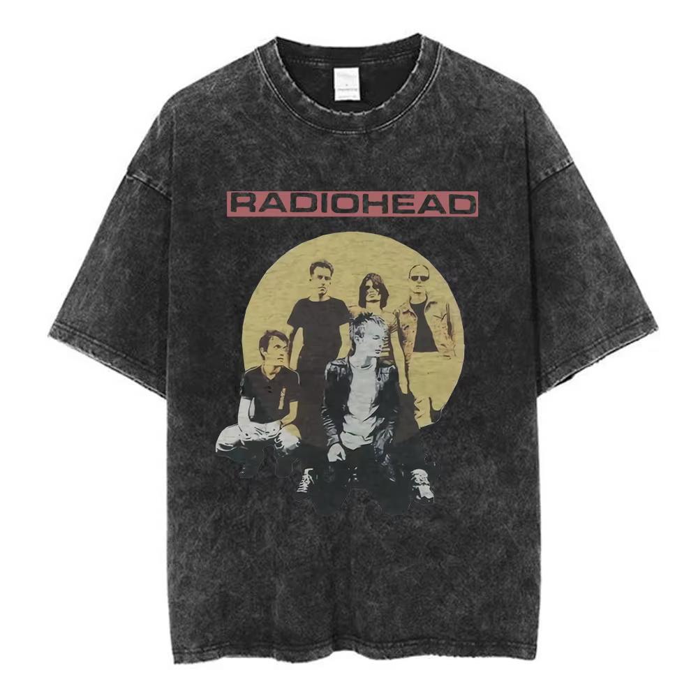 T-shirt Uomo Vintage Lavata Radiohead Rock Band All This Radio But No Head Copertina Album Moda Casual