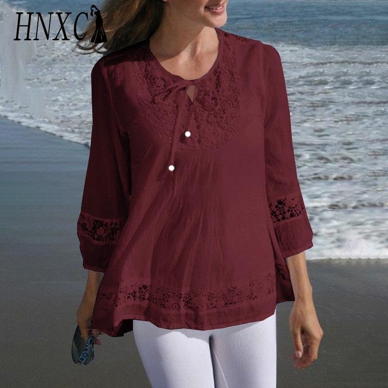 HNXC Women's Fashion Casual Solid Color Print 3/4 Sleeve O Neck Blouses & Shirts