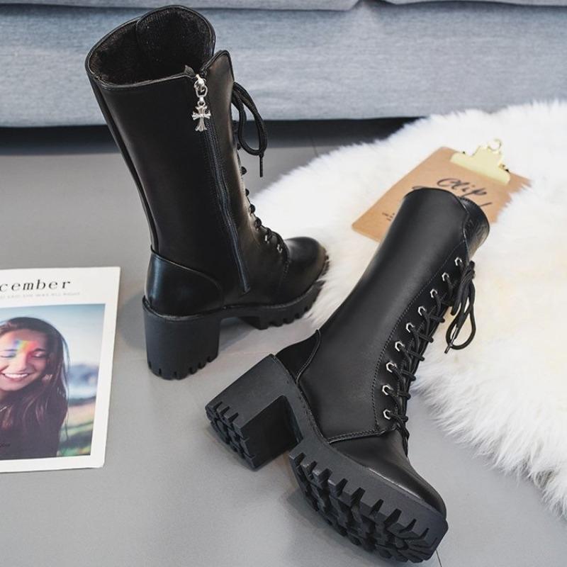 Зимові жіночі чоботи На товстому каблуці Чоботи на шнурівці Модне жіноче взуття на платформі Жіночі чоботи на високій блискавці Осіннє взуття до середини ікри