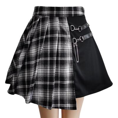 Short Spliced Checkered Mini Skirt with Pleated Slimming Harajuku Street Gothic Everyday Outings [SDSXZWG] Women's Belt, A-Line Skirt, Look, Gal,