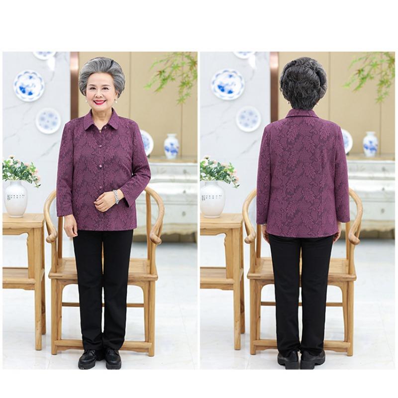 Spring and Autumn Shirts for Middle-aged and Elderly Women with Lapels and Old Ladies' Tops Long-sleeved Shirts