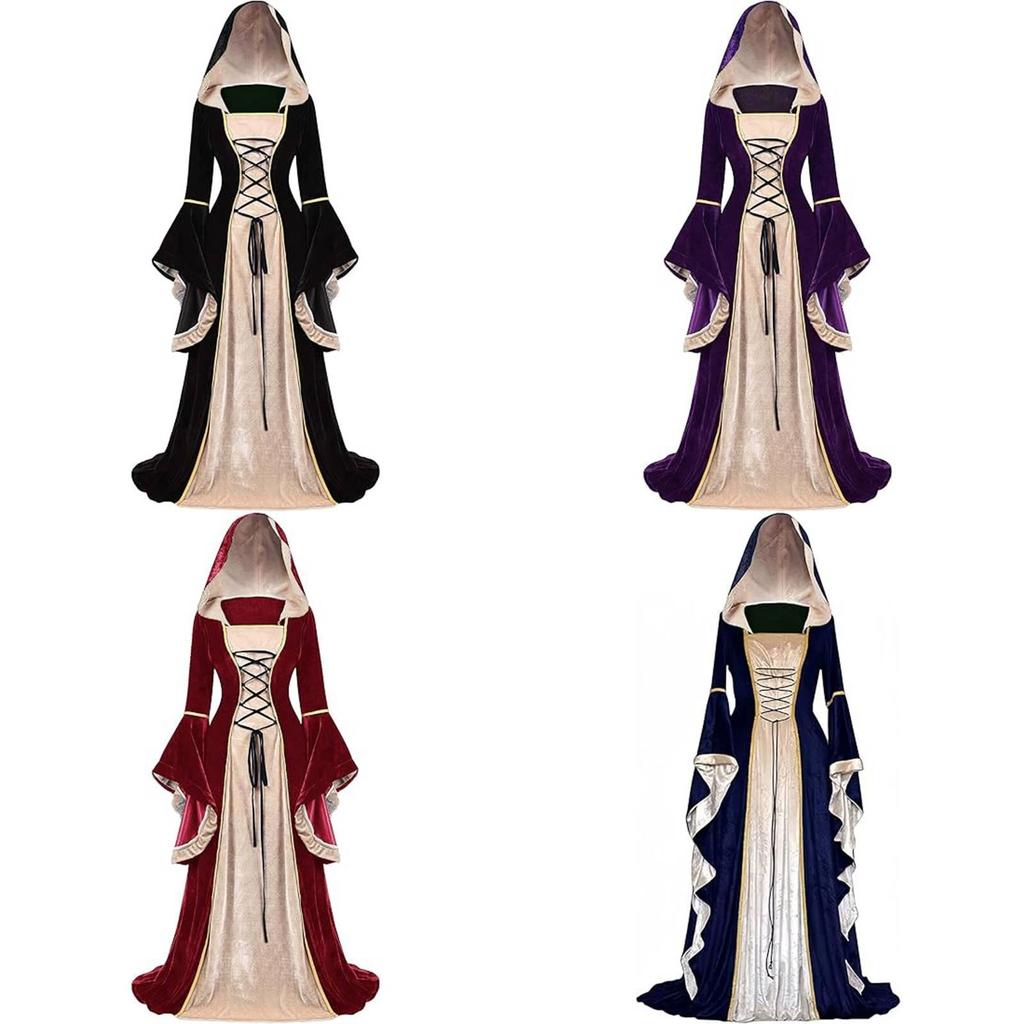 Medieval Vintage Court Dress With Velvet Fabric And Puff Sleeves For Halloween Costume Enthusiasts