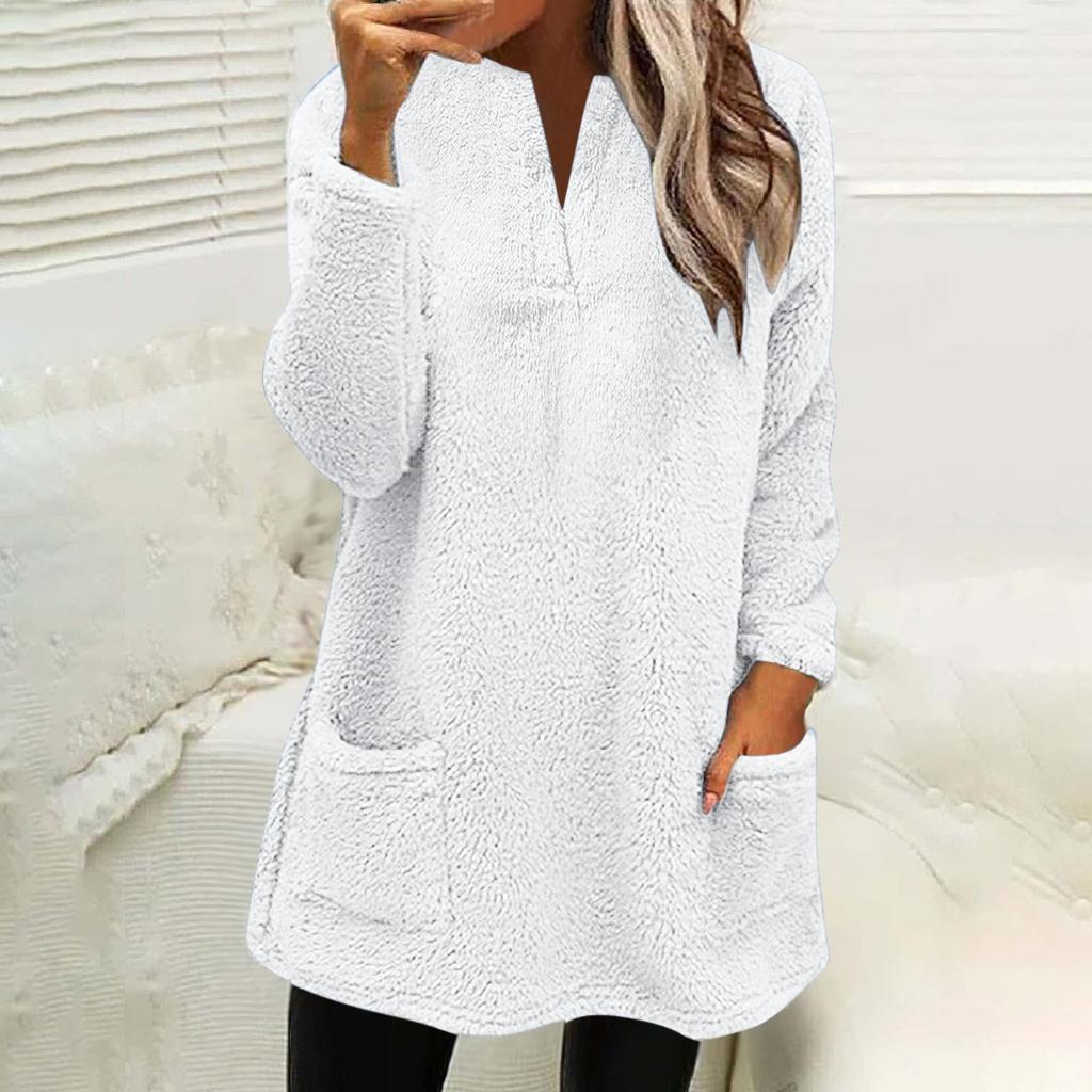 Damemote Uformell langermet lomme V-hals Uformell varm langermet T-skjorte
