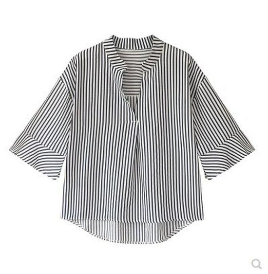 Plus Size Women's V-Neck Striped Seven-Sleeve Casual Shirt - 2025 Korean Summer Collection