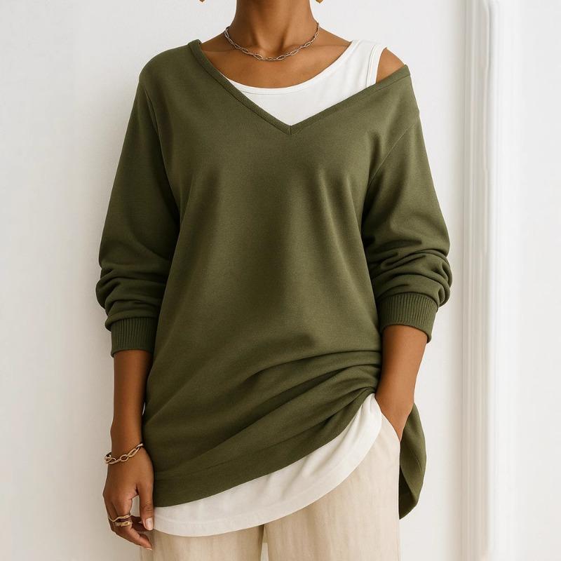 Autumn Winter Loose Casual Fake Two Pieces Sweatshirt Women Long Sleeve V-neck Pullover Top Female T-shirt Tee