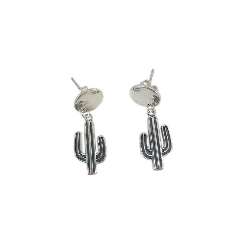 Korean Trendy s925 Sterling Silver Cactus Stud Earrings for Women - Retro Style, Simple, and Stylish.
