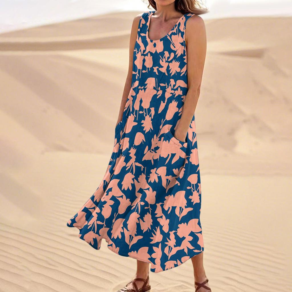 Women's Summer Casual Fashion Flower Printed Sleeveless Pocket Dress