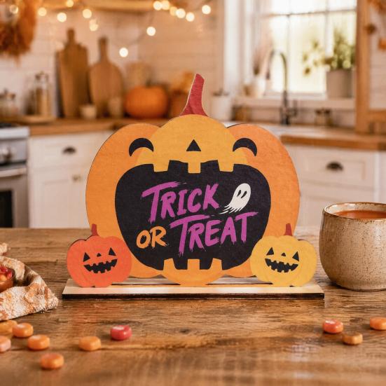 Halloween Home Festive Decor Wooden Table Sign, Cute Pumpkin Boo Ghost Solid Wood Sign Tabletop Centerpiece for Indoor Mantel Fireplace Smooth Holiday