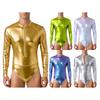 Mens Shiny Bodysuit Bathing Suits Swimsuits Metallic Long Sleeve One-piece for Nightclub Jazz Dance Beach Gymnastics Leotard