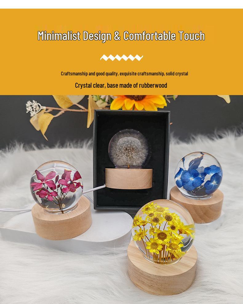 Touch Dimmable Crystal Ball Lamp with Creative Resin Flowers for Mid-Autumn Festival